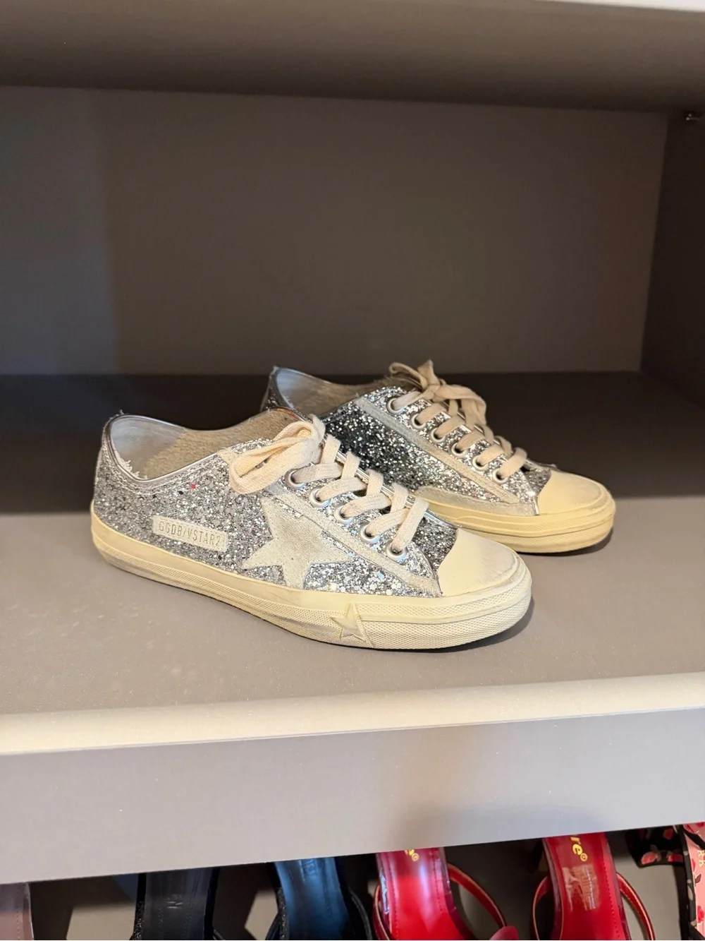 Golden Goose Silver Glitter Low-Top Sneakers with Beige Sole